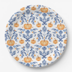Chinoiserie Blue White Orange Autumn Pumpkins Paper Plate