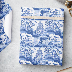 Chinoiserie Blue & White Pagodas Wrapping Paper