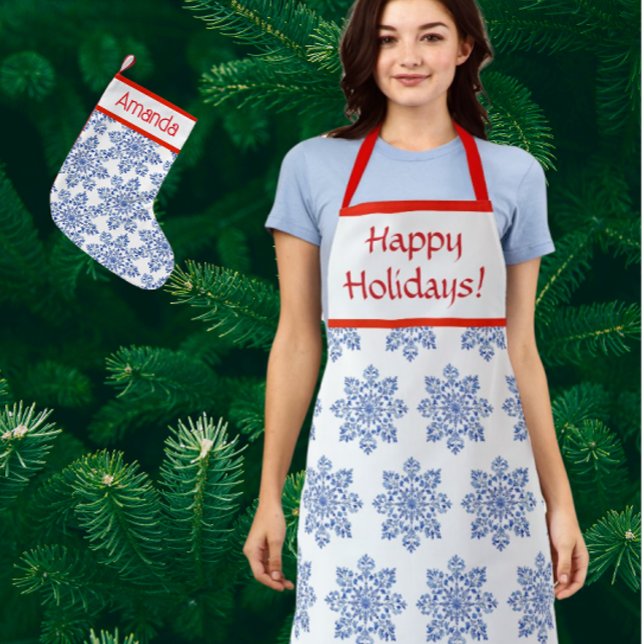 Chinoiserie Blue White Red Snowflakes Personalised Apron (Personalize with your own message!)
