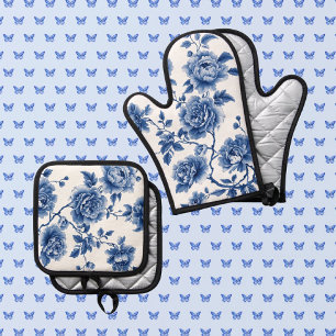 Chinoiserie Blue White Roses Oven Mitt & Pot Holder Set