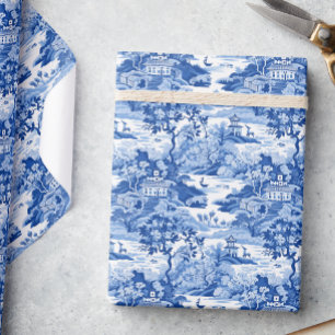 Chinoiserie Blue & White Toile Pagodas Wrapping Paper