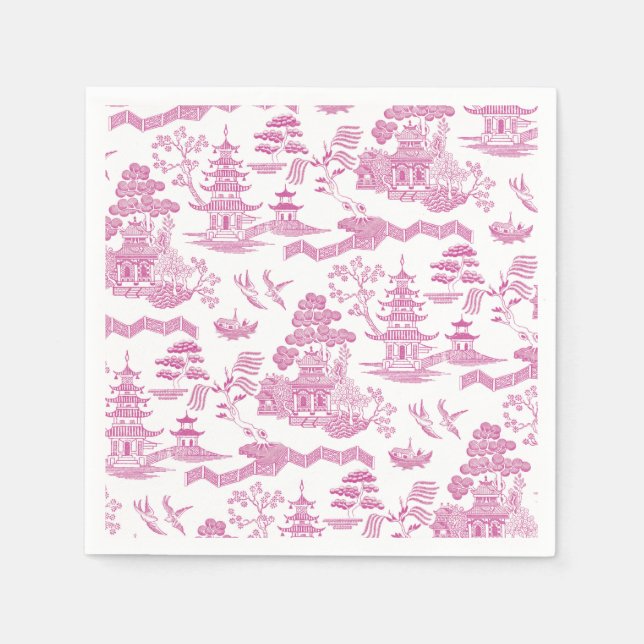 Chinoiserie Blue Willow in Pink Napkin (Front)