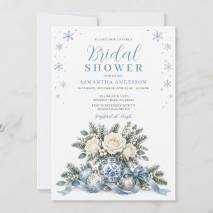 Chinoiserie Blue Winter Bridal Shower Snowflakes Invitation