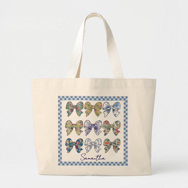 Chinoiserie Bows Chequerboard Pattern  Large Tote Bag (Front)
