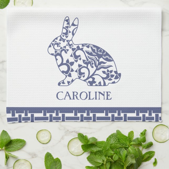 Chinoiserie Bunny Rabbit Personalised Tea Towel (Folded)