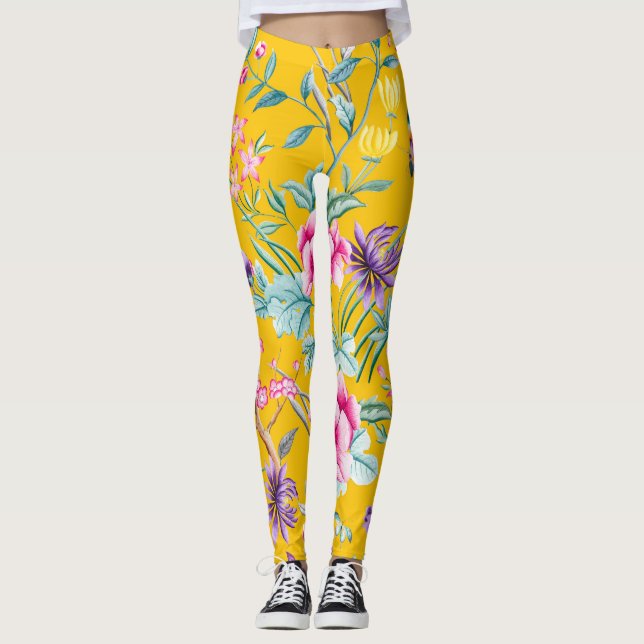 Chinoiserie butterflies, birds flowers yellow leggings (Front)
