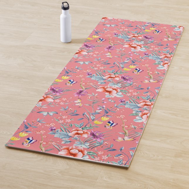 Chinoiserie butterflies, flowers salmon pink yoga mat (In Situ)