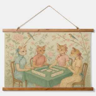 Chinoiserie Cats Playing Mahjong Hanging Tapestry