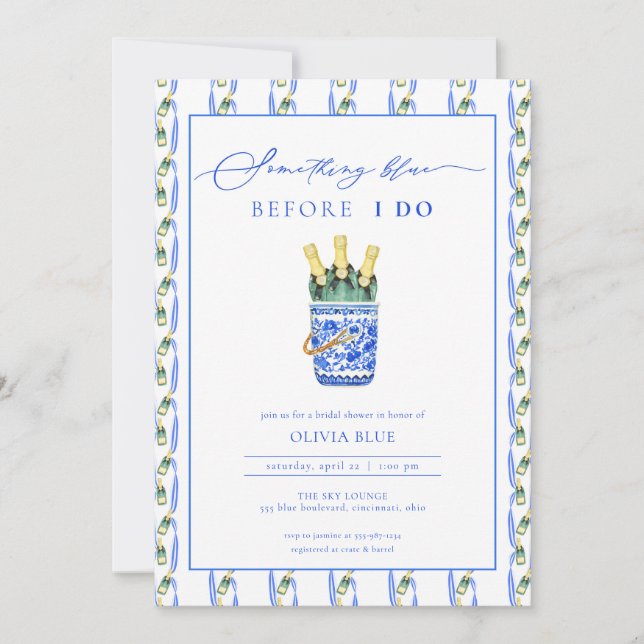 Chinoiserie Champagne Something Blue Bridal Shower Invitation (Front)