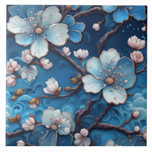 Chinoiserie Cherry Blossom Flowers Japanese Floral Tile (Front)