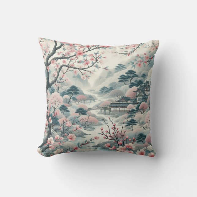 Chinoiserie Cherry Blossom Garden Pagoda Pattern Cushion (Front)