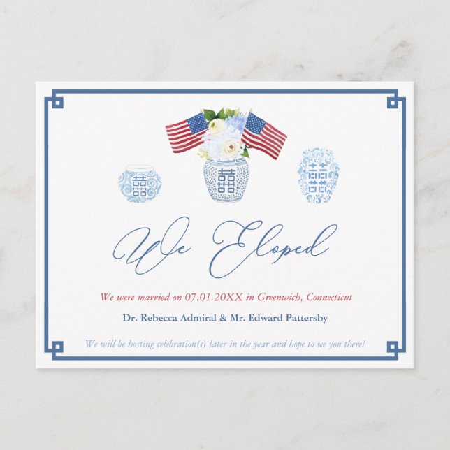 Chinoiserie Chic 4th Of July Wedding Elopement Announcement Postcard (Front)