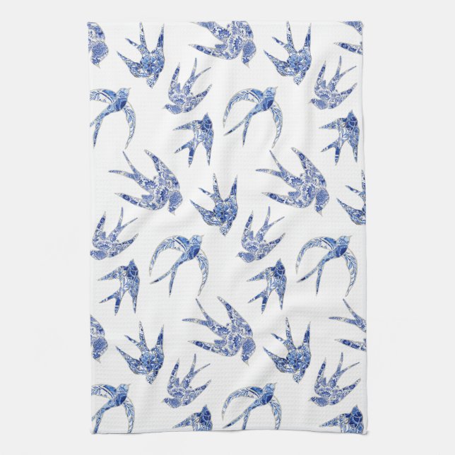 Chinoiserie Chic Bird Swallows Blue n White Mosaic Tea Towel (Vertical)