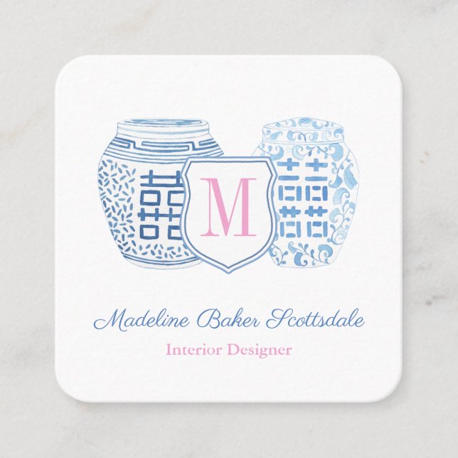 Chinoiserie Chic Blue And Pink Mummy Calling Square Business Card (Front)