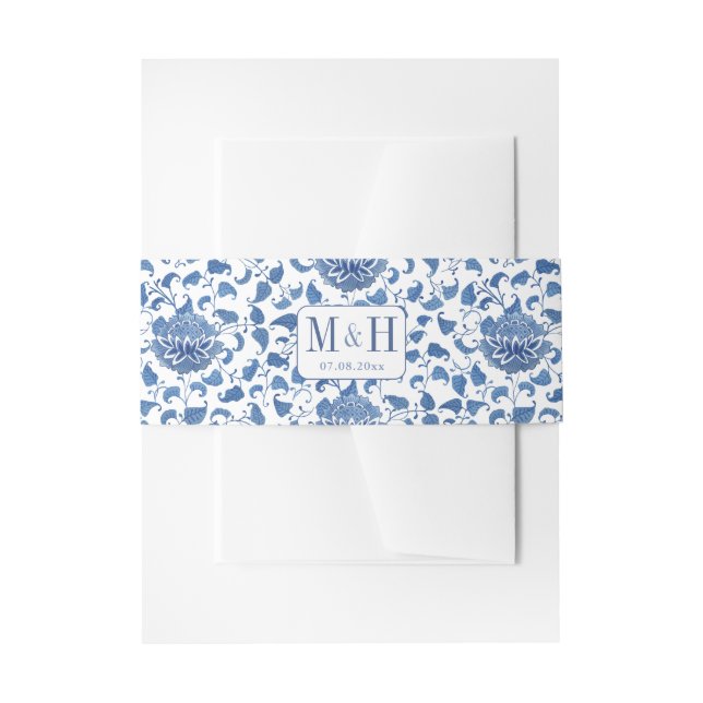 Chinoiserie Chic Blue And White Wedding Invitation Belly Band (Front Example)