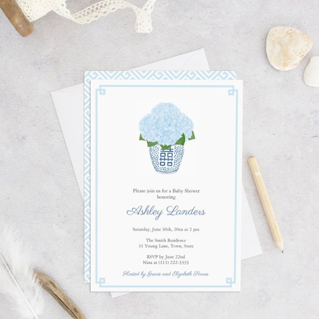 Chinoiserie Chic Blue Hydrangeas Boy Baby Shower Invitation (Baby Shower Party for boy invite with pale blue hydrangeas in a navy blue and white ginger jar vase)