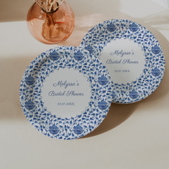 Chinoiserie Chic Blue & White Print Bridal Shower Paper Plate (Blue and white china inspired bridal shower paper plates with scalloped border)