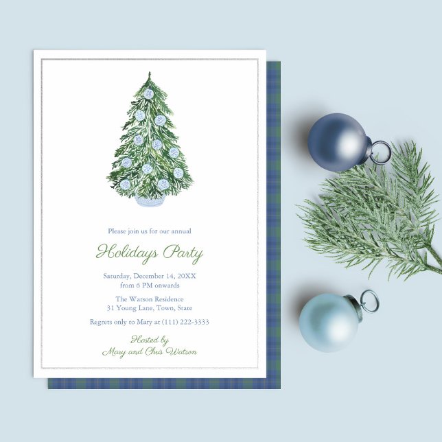 Chinoiserie Chic Christmas Holidays Party Blue (Refined Holidays Party Invitation with hand painted elements and real foil border)