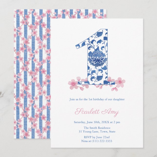 Chinoiserie Chic Little Girl 1st Birthday Party Invitation (Front/Back)