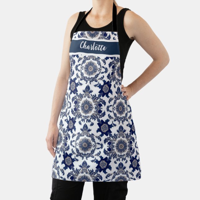 Chinoiserie Chic Navy Blue Flower Ornament Pattern Apron (Insitu)