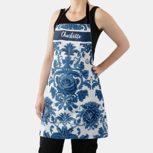 Chinoiserie Chic Navy Blue Flower Ornament Pattern Apron