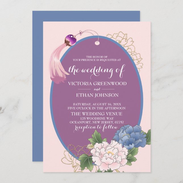 Chinoiserie Chic Peonies & Tassel Wedding Invitati Invitation (Front/Back)