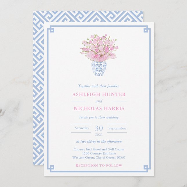 Chinoiserie Chic Pink And Blue Watercolor Wedding Invitation (Front/Back)