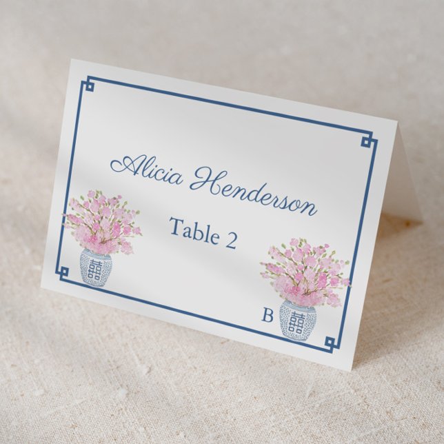 Chinoiserie Chic Pink And Navy Wedding Place Card (Chinoiserie chic navy and pink individual place cards for wedding, bridal shower or baby shower)