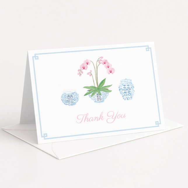 Chinoiserie Chic Pink Orchid Wedding Shower Thank You Card (Preppy pink watercolor orchid and pale blue and white ginger jar thank you cards)