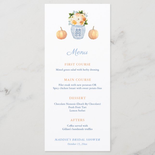 Chinoiserie Chic Pumpkin Autumn Wedding Shower Menu (Front)