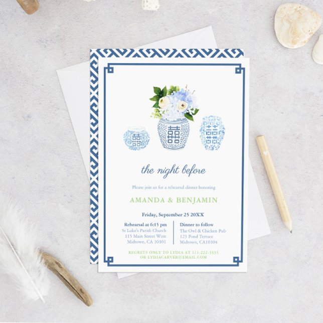 Chinoiserie Chic Welcome Dinner Wedding Rehearsal Invitation (Blue And White Floral Chinoiserie Welcome Dinner Invitation)