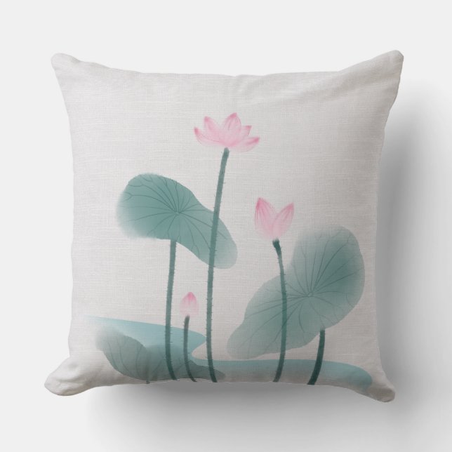 Chinoiserie Chinese Ink Wash Painting Lotus Floral Cushion (Front)