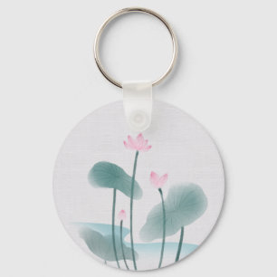 Chinoiserie Chinese Ink Wash Painting Lotus Floral Key Ring