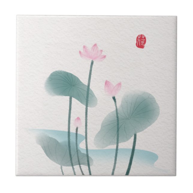 Chinoiserie Chinese Ink Wash Painting Lotus Floral Tile (Front)