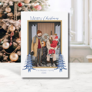 Chinoiserie Christmas Dusty Blue Pagoda 1-Photo Holiday Card