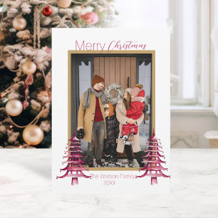Chinoiserie Christmas Dusty Pink Pagoda 1-Photo Holiday Card