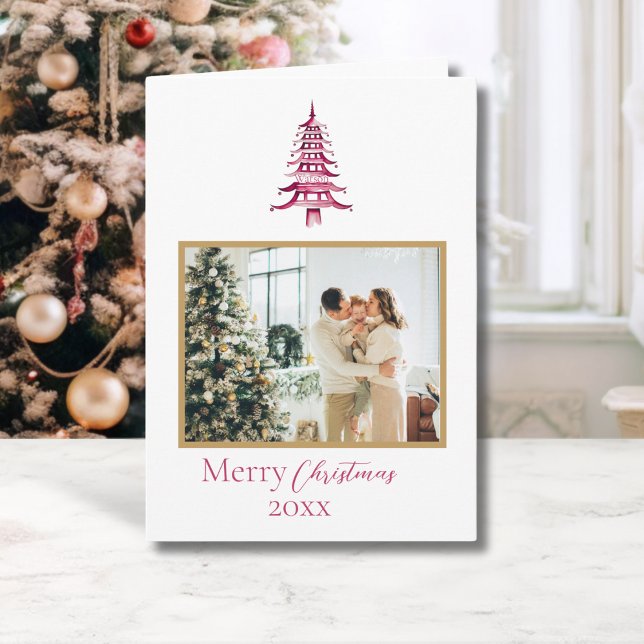 Chinoiserie Christmas  Red Pagoda 1-Photo Card (Chinoiserie Christmas Red Pagoda 1-Photo Card)