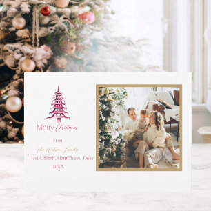 Chinoiserie Christmas Simple Red Pagoda 2-Photo Holiday Card