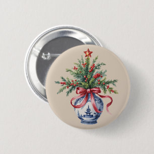 Chinoiserie Christmas Tree Red Bow Vase Vintage 6 Cm Round Badge