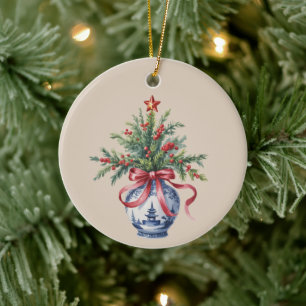 Chinoiserie Christmas Tree Red Bow Vase Vintage  Ceramic Tree Decoration