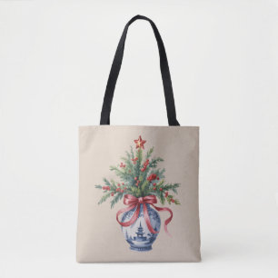 Chinoiserie Christmas Tree Red Bow Vase Vintage  Tote Bag