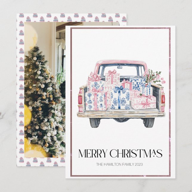 Chinoiserie Christmas Truck Preppy Photo  Holiday Card (Front/Back)