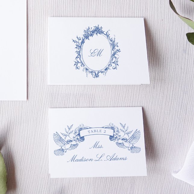 Chinoiserie Classic Blue Birds Foldable Name Card (Blue victorian birds and flower frames for a chinoiserie inspired wedding stationery suite)