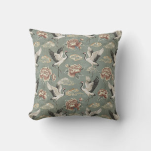 Chinoiserie Crane and Peony Floral Design Cushion