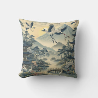 Chinoiserie Crane Bird Pagoda Scenery Pattern Cushion