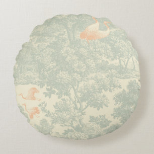 Chinoiserie Crane Toile Botanical Asian Garden Round Cushion