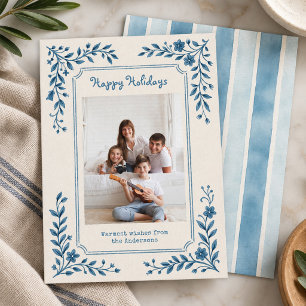 Chinoiserie Delft Blue Floral Frame Family Photo Holiday Card