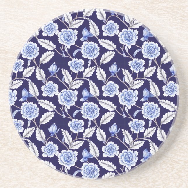 Chinoiserie Delft Blue Floral Porcelain Pattern Coaster (Front)