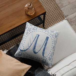 Chinoiserie Delft Blue Monogram•Custom Cushion