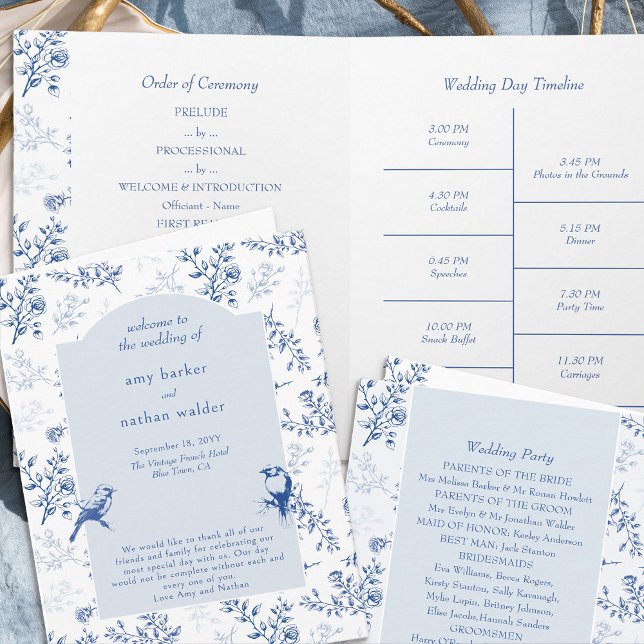 Chinoiserie Elegant Blue Floral Wedding Program Invitation (Folded Wedding Program - 4 sides, from Chinoiserie Wedding Collection by Darling & May)